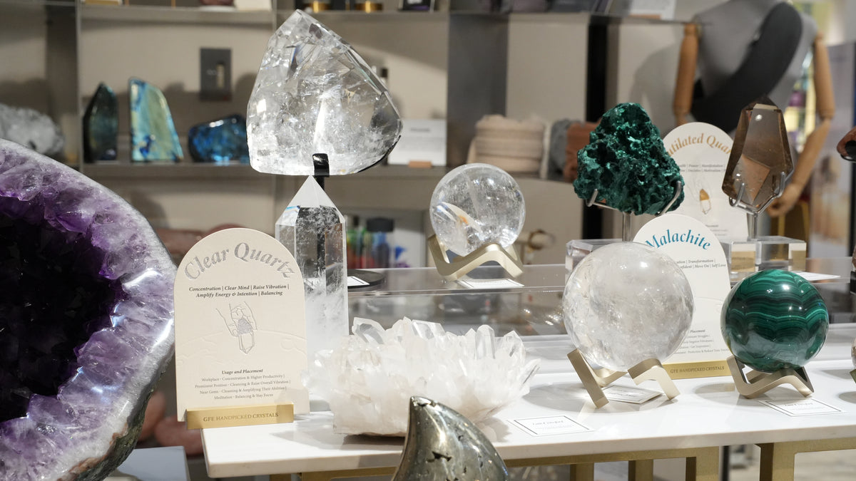 Clear quartz, amethyst and malachite at Lane Crawford