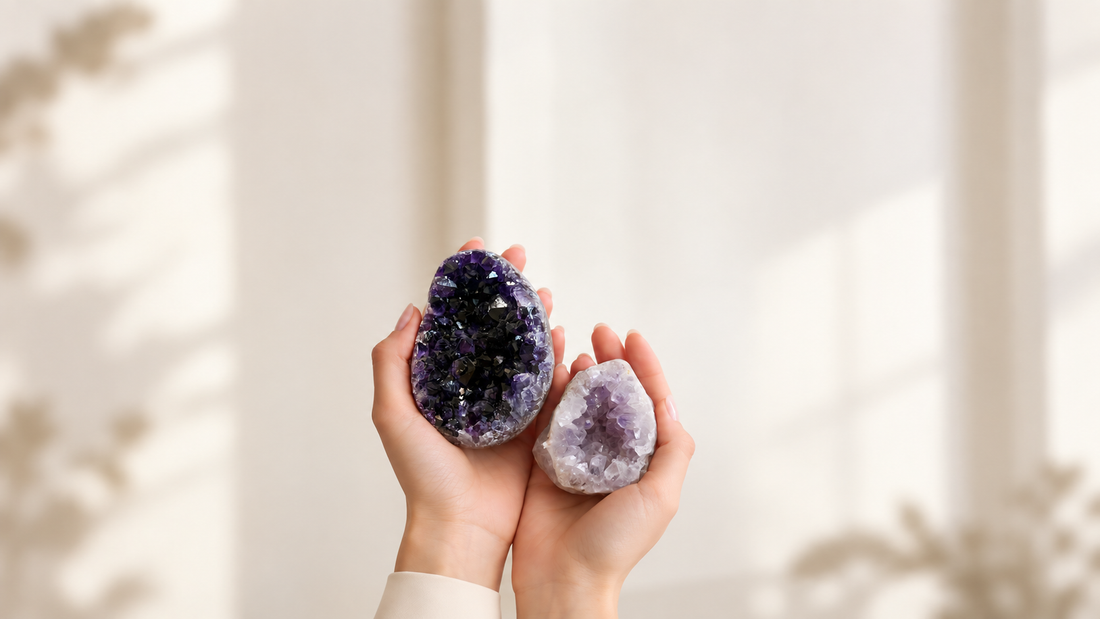 雙手托着深淺色紫水晶，置於柔和暖色背景中 / Hands holding deeper and lighter amethyst crystals against a warm neutral background