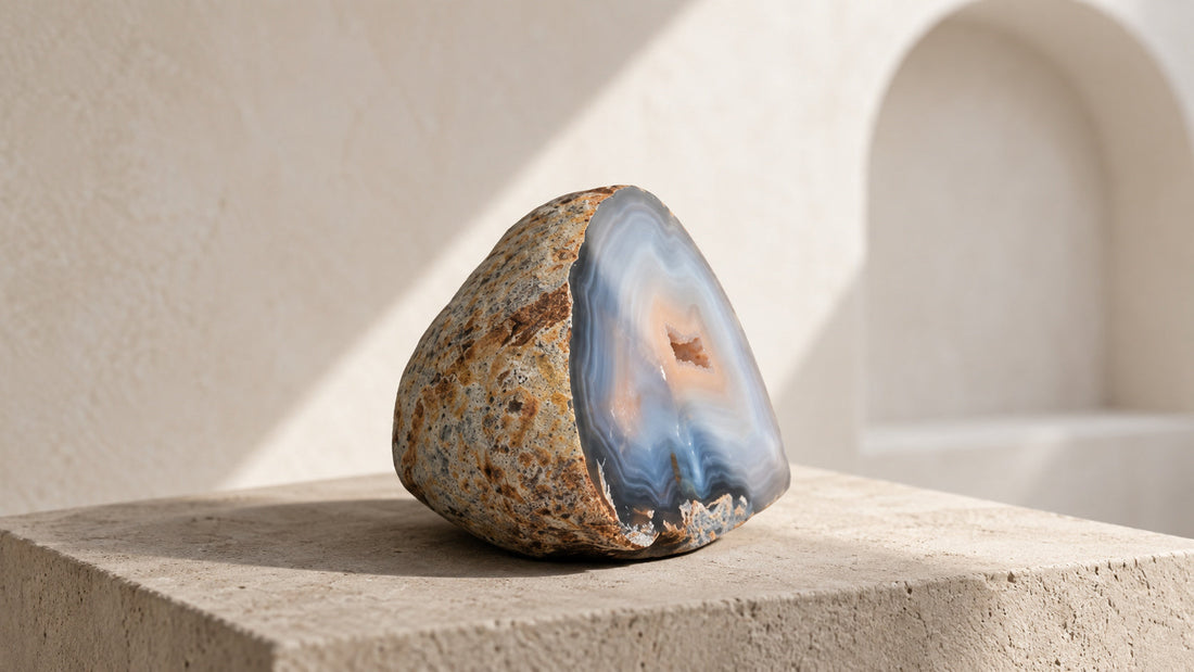 藍灰色瑪瑙與保留的粗糙岩石外層，放在自然光下 / Blue-grey banded agate with its rough brown outer rock layer in natural light