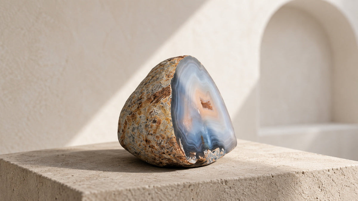 藍灰色瑪瑙與保留的粗糙岩石外層，放在自然光下 / Blue-grey banded agate with its rough brown outer rock layer in natural light