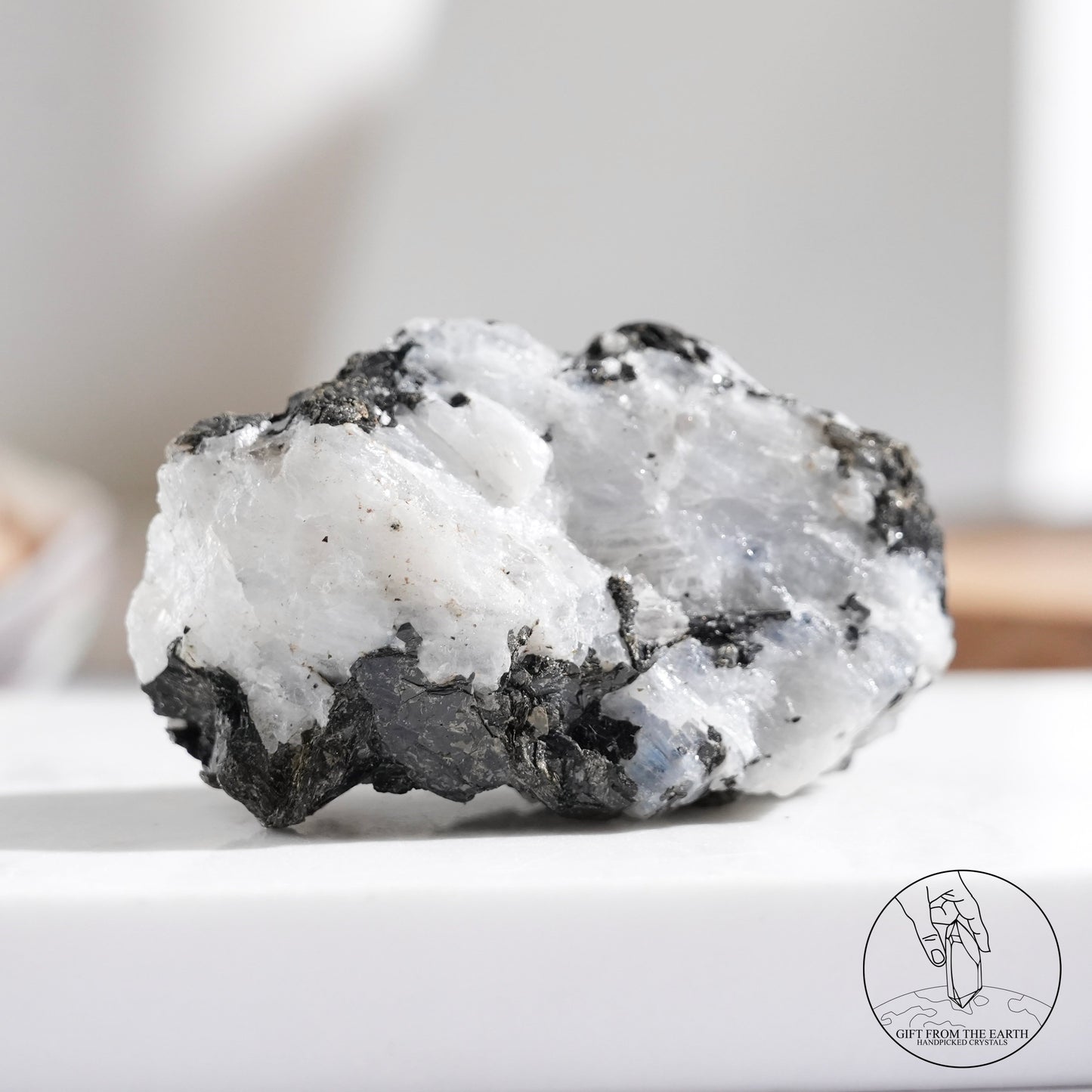 Indian white moonstone with black tourmaline 