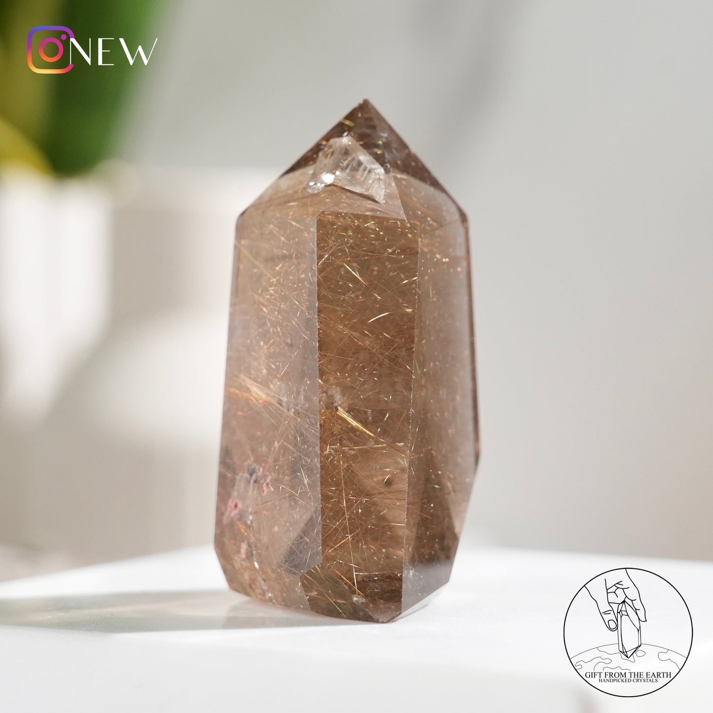 Crystal-in-crystal golden rutilated quartz point with white phantom