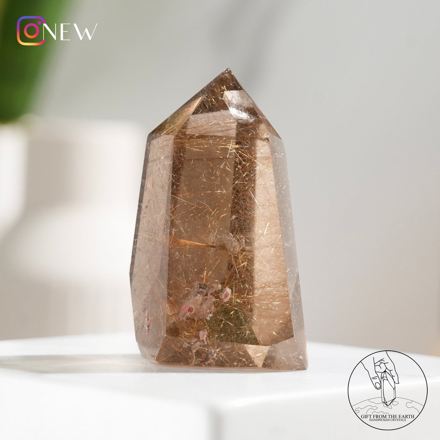 Crystal-in-crystal golden rutilated quartz point with white phantom