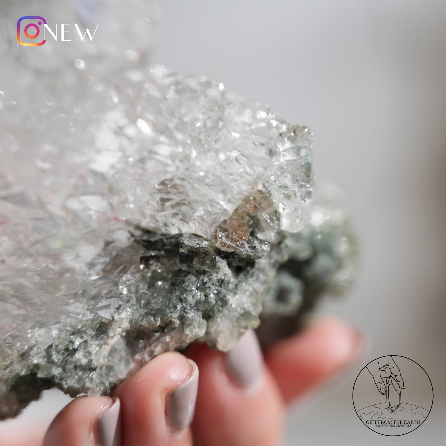 Indian Himalayan clear quartz with green phantom & golden rutile