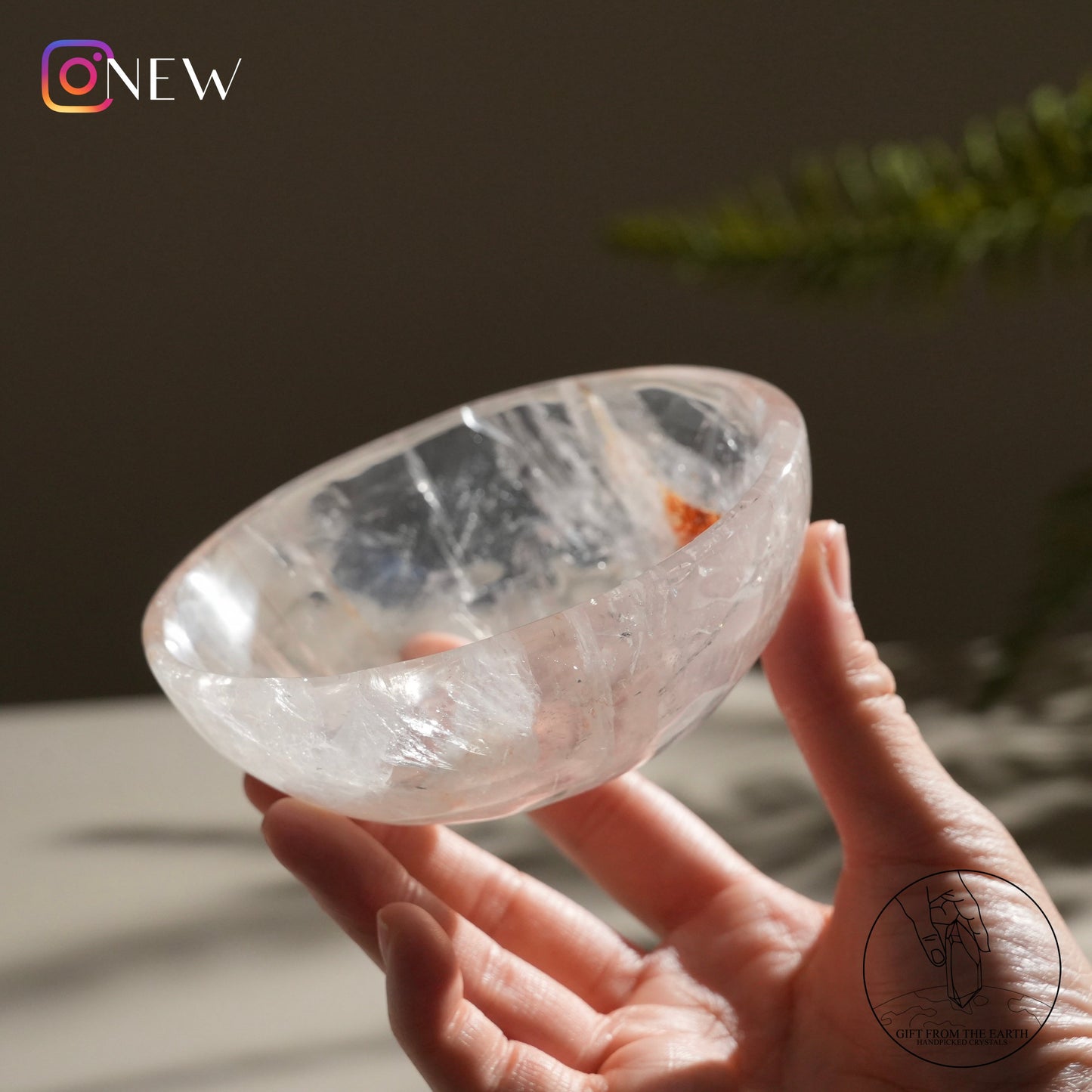 Clear quartz bowl with fire quartz & golden healer (pale pink)