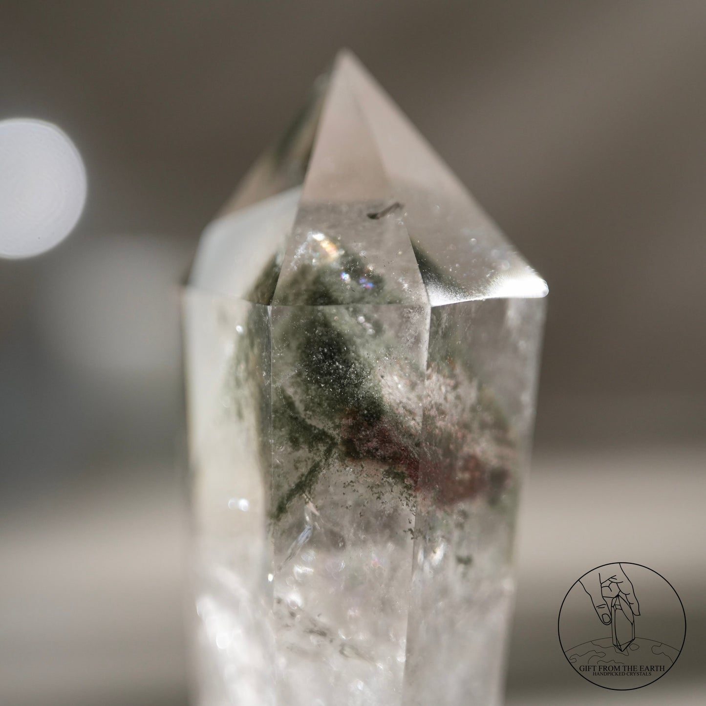 Pyramid red-green phantom quartz point