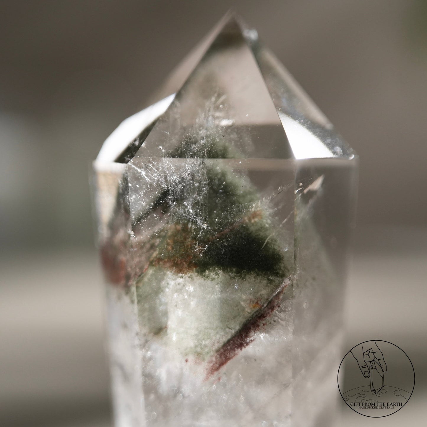 Pyramid red-green phantom quartz point