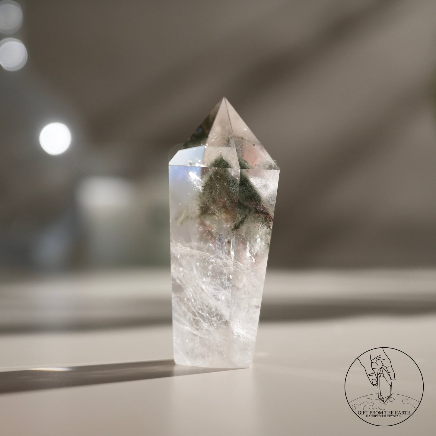 Pyramid red-green phantom quartz point