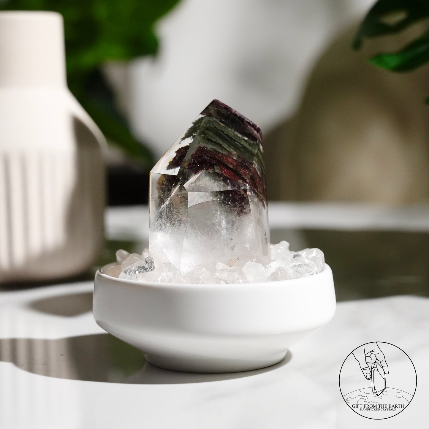 Half-polished pyramid multi-layered green phantom quartz point