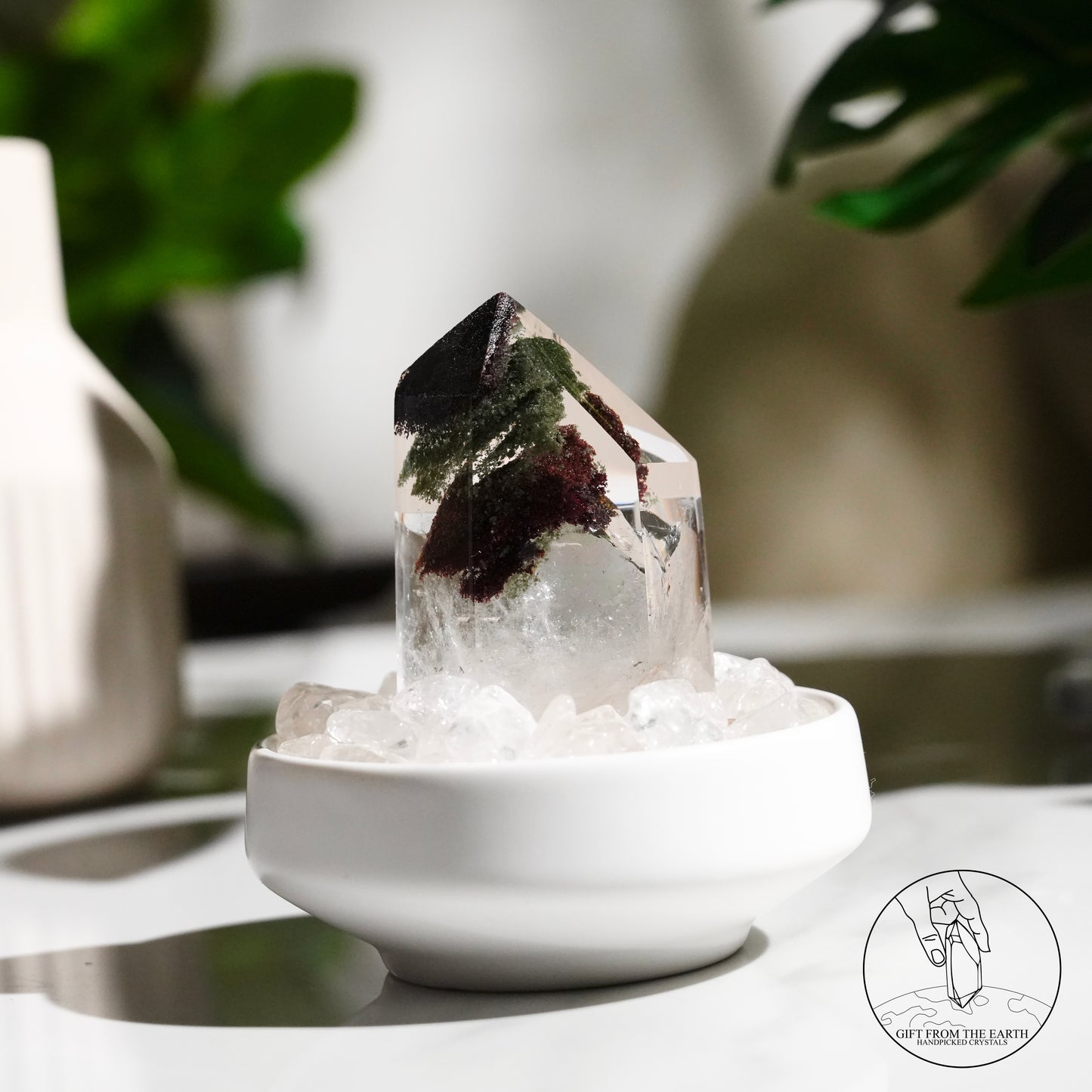 Half-polished pyramid multi-layered green phantom quartz point