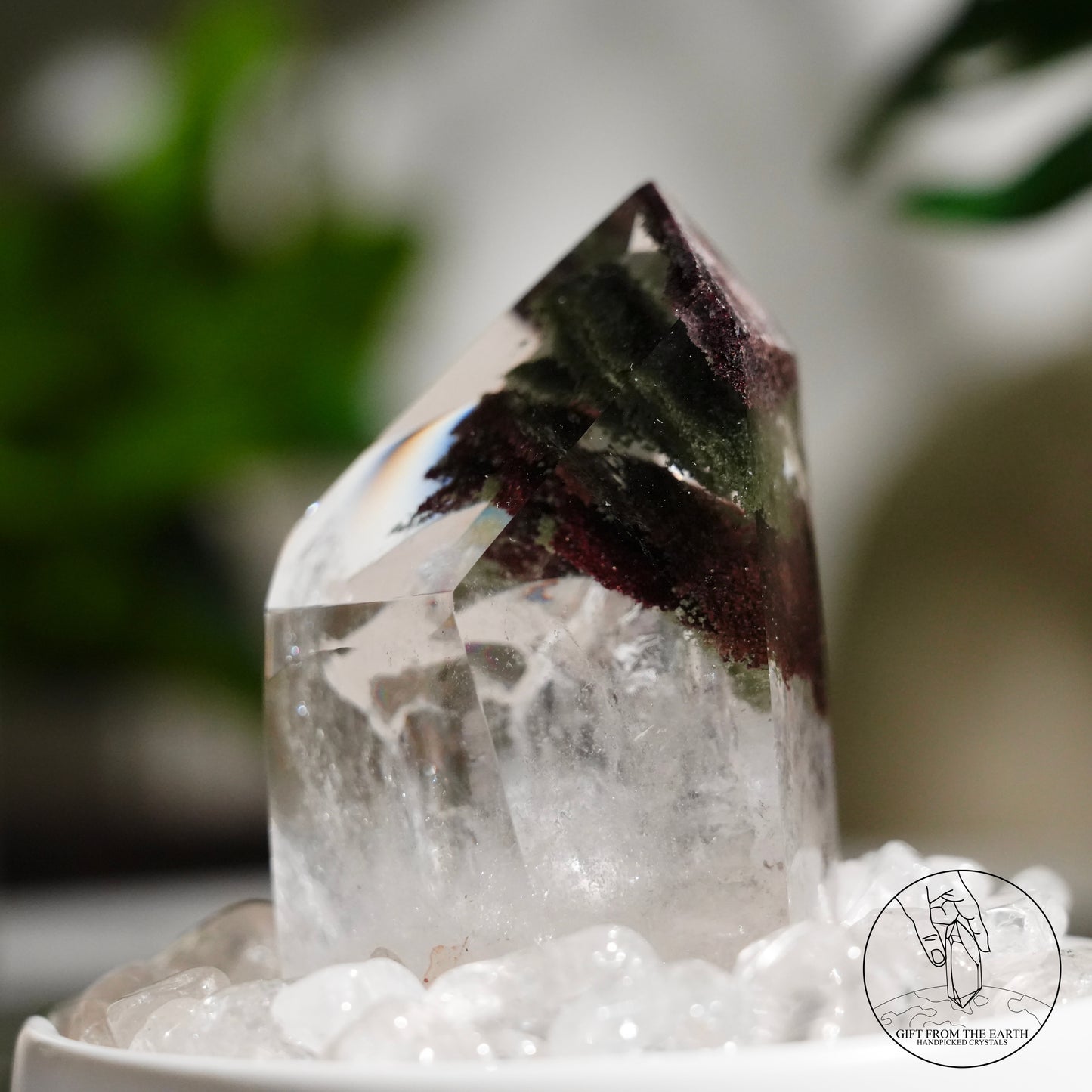 Half-polished pyramid multi-layered green phantom quartz point