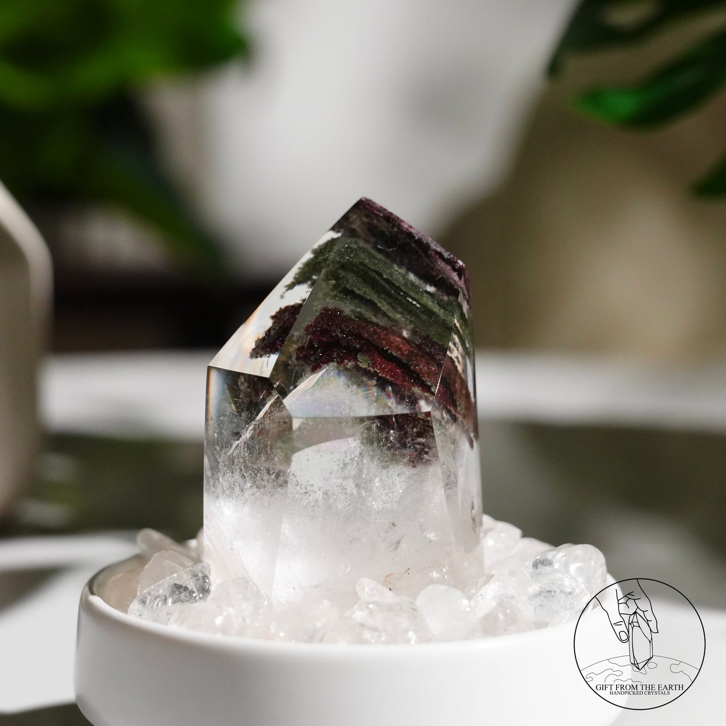 Half-polished pyramid multi-layered green phantom quartz point