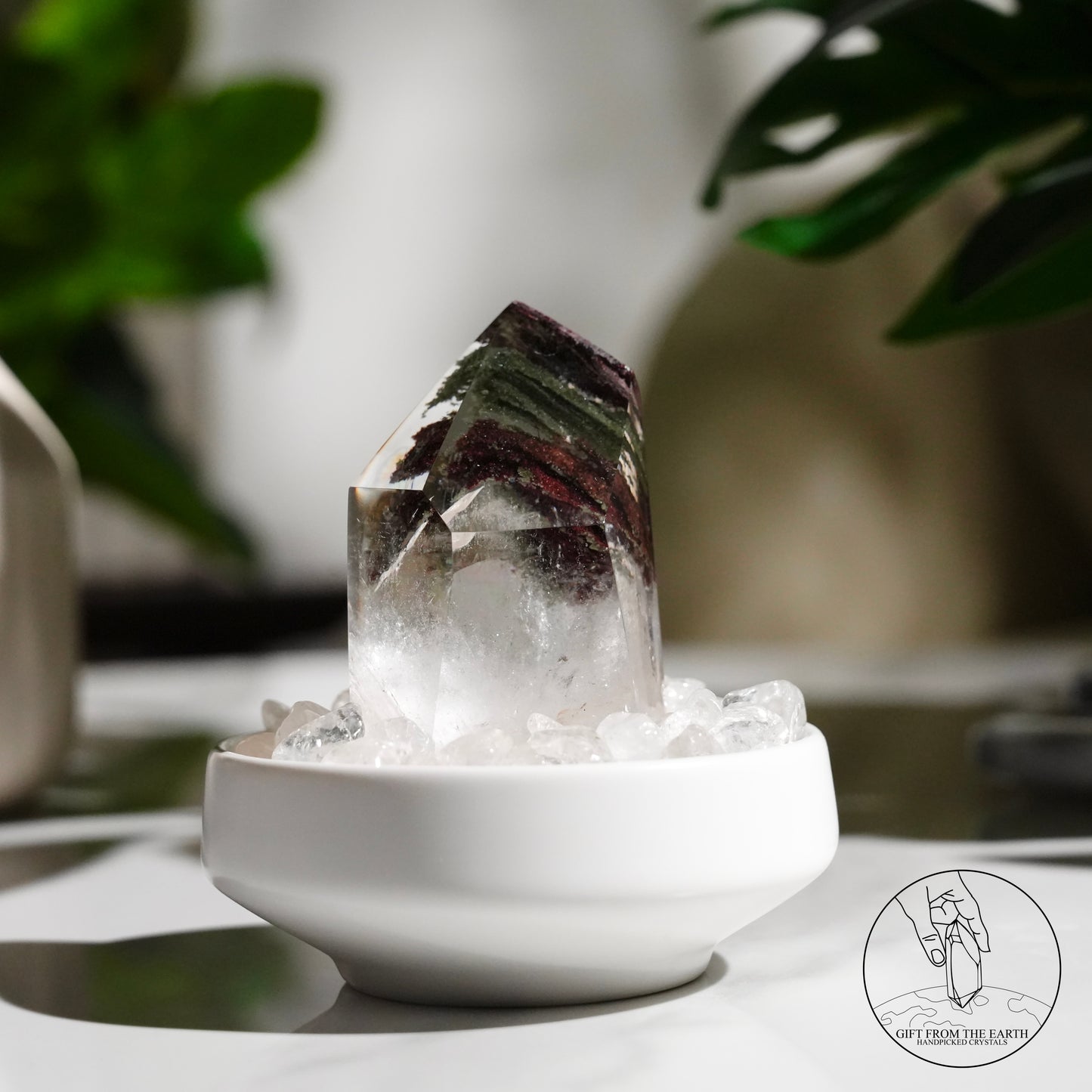 Half-polished pyramid multi-layered green phantom quartz point