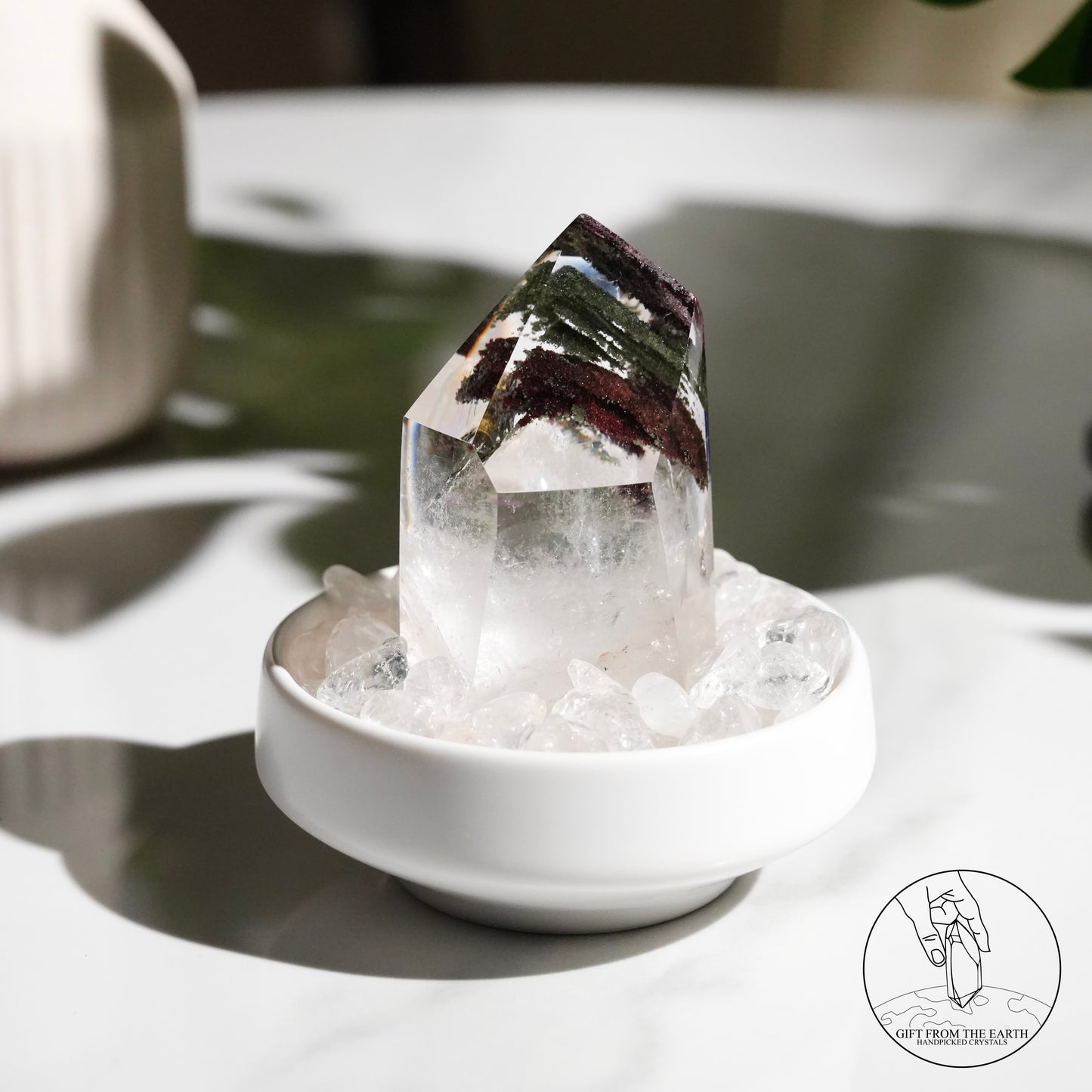 Half-polished pyramid multi-layered green phantom quartz point