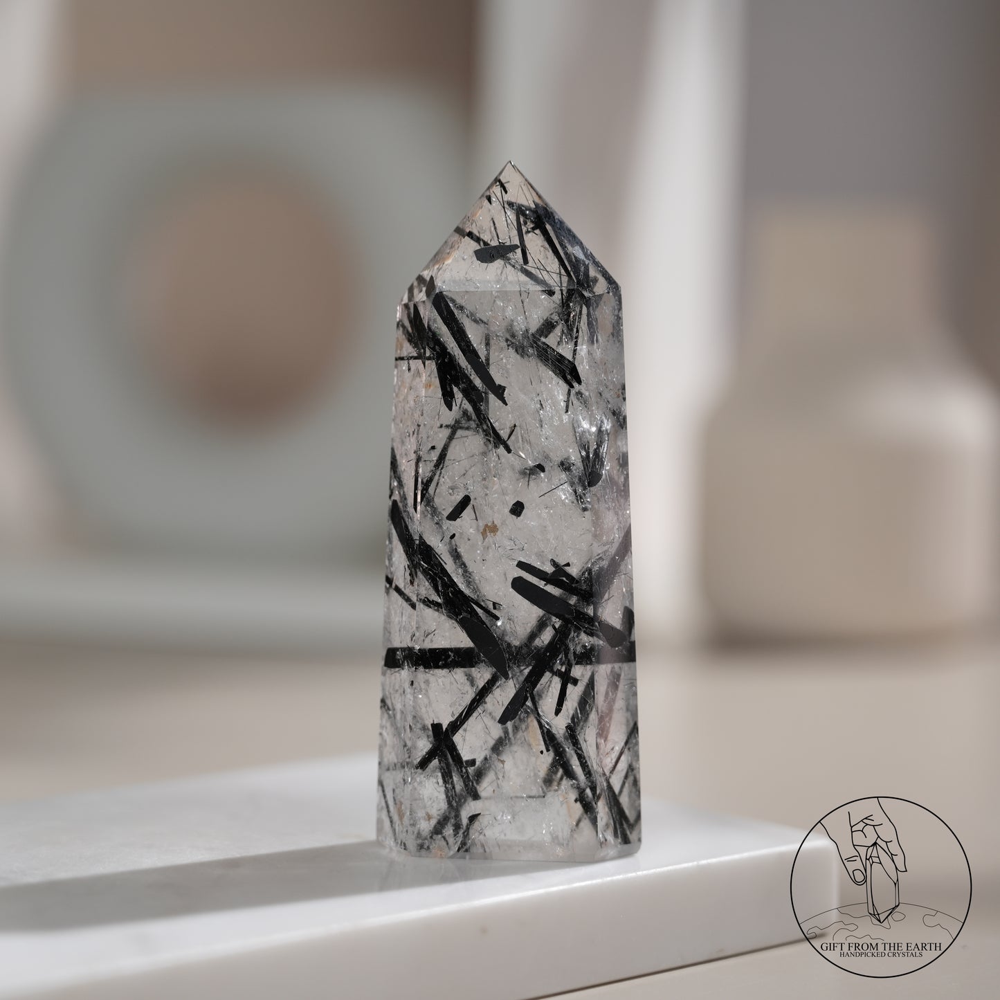 白水晶柱黑碧璽共生