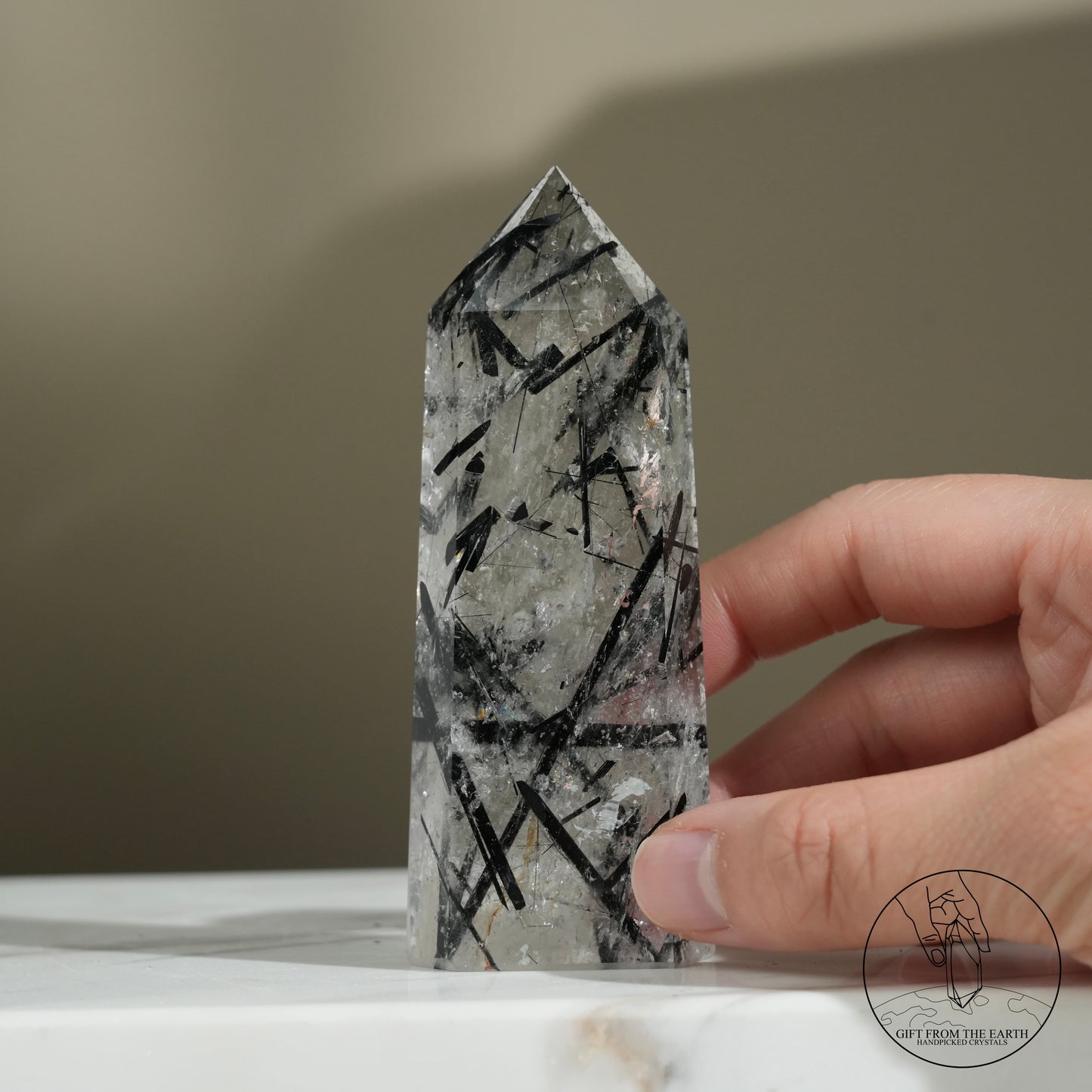 白水晶柱黑碧璽共生