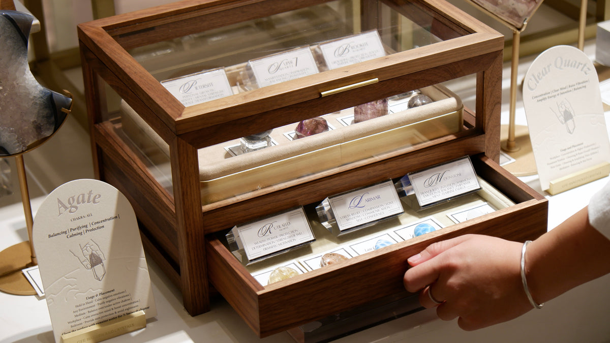 GFE wooden display case and crystal cards at Lane Crawford
