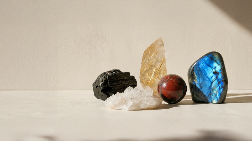黑碧璽、白水晶、金髮晶、紅色水晶球與藍光拉長石