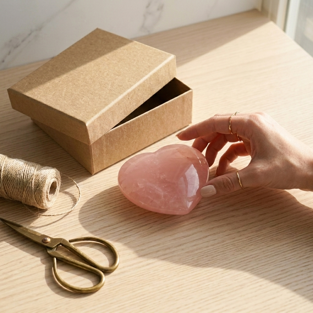 A rose quartz heart beside a gift box